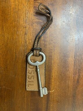 Fossil Tan Brown Leather Key Fob with Silver Key Charm